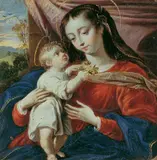 Nachfolge Guido Reni, MADONNA MIT KIND VOR EINER DRAPERIE., Öl auf Kupfer