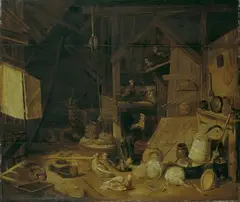 François Ryckhals, STALLINTERIEUR MIT RIND UND FEDERVIEH., Öl auf Holz
