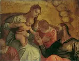 gen. Tintoretto Jacopo Robusti, MARIA MIT DEM KIND, EINEM ENGEL UND EINEM HEILIGEN., Öl auf Leinwand