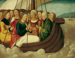 Wolf Traut, DIE HEILIGE URSULA UND DIE ELFTAUSEND JUNGFRAUEN AUF DEM SCHIFF., Öl auf Holz (parkettiert)