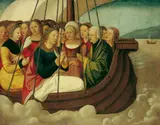 Wolf Traut, DIE HEILIGE URSULA UND DIE ELFTAUSEND JUNGFRAUEN AUF DEM SCHIFF., Öl auf Holz (parkettiert)