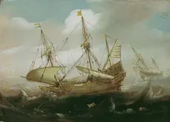 Cornelis Isaacksz Verbeeck, SCHIFFE AUF BEWEGTER SEE., Öl auf Holz