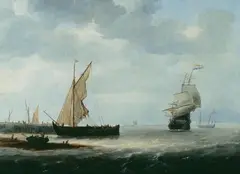 Simon de Vlieger, SCHIFFE VOR DER HAFENEINFAHRT., Öl auf Leinwand (doubliert)