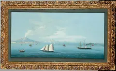 Neapolitan School, BLICK AUF DEN VESUV UND DIE KÜSTE VON SORRENT., Gouache auf Papier, mit schwarzer Tuschlinie umrandet (unter Glas gerahmt)