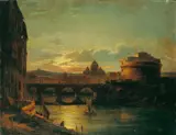 Umkreis Oswald Achenbach, BLICK AUF DAS ABENDLICHE ROM MIT DEM PETERSDOM UND DER ENGELSBURG., Öl auf Leinwand