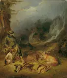 zugeschrieben Ferdinand von Rayski, EIN RASTENDER JÄGER mit erlegter Jagdbeute., Öl auf Leinwand
