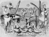 Badende am Strand von Ischia by Eduard Bargheer, Aquarell über Bleistiftvorzeichnung auf chamoisfarbenem Büttenpapier mit Wasserzeichen "PMF (ITALIA)", sold Jun 2005