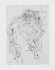 Hans Bellmer, À Sade, Mit 10 Original-Radierungen, schwarz gedruckt auf Japon nacré. Vorzugsausgabe I/V einer Gesamtauflage von 55 Exemplaren mit einer zusätzlichen Folge der 10 Radierungen rotbraun gedruckt auf gelblichem Japan. Sämtliche Blätter signiert. Lose Bogen in Velinumschlägen, in mit purpurfarbener Seide bezogenem Umschlag mit Schuber (beschädigt)