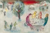 Marc Chagall, Das Mahl bei Dryas, Original-Farblithographie (doppelblattgroß) auf Arches-Velin, unter Glas gerahmt