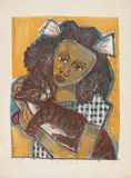 Otto Dix, Mädchen mit Katze II (Kopf schräg), Original-Farblithographie auf Van Gelder-Bütten