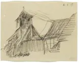 Lyonel Feininger, Kirche in Possendorf, Schwarze Kreidezeichnung auf sehr dünnem Papier