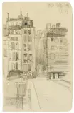 Lyonel Feininger, 2 Zeichnungen Pariser Häuser. Porträtstudien, Bleistift bzw. Graphit auf einfachem karierten Papier (geschnittenes Fragment von einem Notizblock)