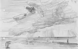 Lyonel Feininger, Küstenlandschaft mit kleinen Figuren und großer Wolke (Ostsee), Bleistiftzeichnung auf einfachem, chamoisfarbenem Papier