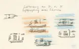 Lyonel Feininger, Lichtbrechung - Luftspiegelung eines Schoners (Ostsee), Schwarze Kreideskizzen, farbig koloriert, auf kariertem Papier aus einem Notizblock (mit abgerundeten Ecken und Perforation am linken Rand)