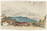 Lyonel Feininger, Houses and blue Mountain (bei Falls Village, Connecticut), Schwarze und farbige Kreiden auf strukturiertem Papier