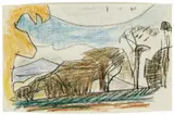 Lyonel Feininger, Trees and mountains (Landschaft bei Falls Village, Connecticut), Schwarze und farbige Kreiden auf chamoisfarbenem strukturierten Papier