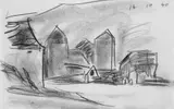 Lyonel Feininger, Farm buildings and two silos (bei Sharon, Connecticut), Schwarze Kreide auf einfachem chamoisfarbenen Papier
