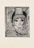 Erich Heckel, Mädchen mit Hut, Original-Radierung (Ätzung und Kaltnadel), tonig gedruckt, auf Japanpapier ähnlichem Löschpapier mit Wasserzeichen "HUBER FRERES WINTERTHUR SILK BLOTTING", unte