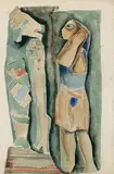 Béla Kádár, Figürliche Szene (rückseitig: Besuch beim Kinderarzt), Aquarell und Gouache über Bleistiftvorzeichnung auf chamoisfarbenem Zeichenpapier