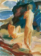 Akte am Strand by Max Kaus, Gouache über Bleistiftzeichnung auf schwerem Büttenpapier, sold Jun 2005