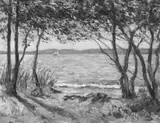 Louis Lejeune, Uferlandschaft mit Bäumen an einem See, Öl auf Karton