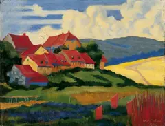 Josef Mataré, Belgische Landschaft mit Dorf, Öl auf Leinwand