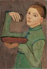 Paula Modersohn-Becker, Selbstbildnis, Halbfigur nach links, eine Schale und ein Glas haltend, Öl auf Malpappe, auf Karton