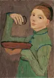 Paula Modersohn-Becker, Selbstbildnis, Halbfigur nach links, eine Schale und ein Glas haltend, Öl auf Malpappe, auf Karton