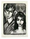 Otto Mueller, Selbstbildnis mit Modell und Maske, Original-Lithographie auf Bütten