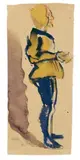 Emil Nolde, Schauspieler in der Rolle eines stehenden Knappen, Tempera auf bräunlichem faserhaltigen und leicht genarbten Zeichenpapier