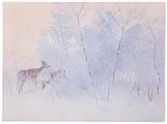 Jean-Bloé Niestlé, Rehe im Winter, Gouache auf elfenbeinfarbenem Bütten