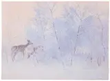 Jean-Bloé Niestlé, Rehe im Winter, Gouache auf elfenbeinfarbenem Bütten