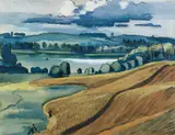 Max Pechstein, Sommerliche (Mecklenburger) Landschaft mit Getreidefeldern und Schnittern, Gouache auf Velin mit Wasserzeichen "PM FABRIANO"