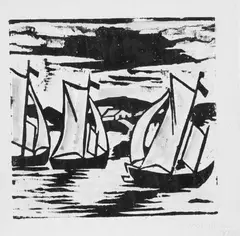 Segelboote by Max Pechstein, Original-Holzschnitt, blau und gelb aquarelliert, auf gelblichem glatten Papier, sold Jun 2005