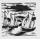 Max Pechstein, Segelboote, Original-Holzschnitt, blau und gelb aquarelliert, auf gelblichem glatten Papier
