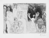 Pablo Picasso, Autoportrait dédoublé, Maja au pigeon, déménageur avec femme et sculpture, Hercule de foire vieillissant, père de l'artise, avec baigneuse ingresque au fond, Original-Radierung auf Velin