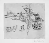 Franz Radziwill, Boote im Hafen mit Leuchtbake, Original-Radierung, mit Ton gedruckt, auf Velin