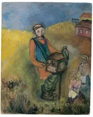 Issachar (Isaac) Ber Ryback, Leierkastenmann mit buntem Papagei, Öl auf Karton