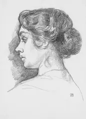 Mädchenkopf im Profil nach links by Théo van Rysselberghe, Schwarze Kreidezeichnung auf elfenbeinfarbenem gerippten Büttenpapier mit Wasserzeichen "HALLINES" (und "HP" im Wappen), sold Jun 2005