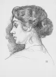 Théo van Rysselberghe, Mädchenkopf im Profil nach links, Schwarze Kreidezeichnung auf elfenbeinfarbenem gerippten Büttenpapier mit Wasserzeichen "HALLINES" (und "HP" im Wappen)