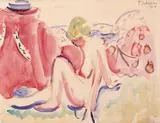 Ferdinand Schirren, Nu fauve, Aquarell auf chamoisfarbenem Velin
