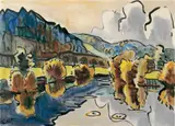 Herbstliche Flußlandschaft by Karl Schmidt-Rottluff, Aquarell und Tuschpinselzeichnung auf elfenbeinfarbenem handgeschöpften Bütten, sold Jun 2005