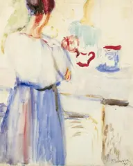 Ferdinand Schirren, Femme attablée. Rückseitig: Le déjeuner, Doppelseitig gemaltes Aquarell auf strukturiertem Velin 55,5, x 45 cm, bzw
