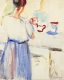Ferdinand Schirren, Femme attablée. Rückseitig: Le déjeuner, Doppelseitig gemaltes Aquarell auf strukturiertem Velin 55,5, x 45 cm, bzw
