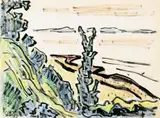 Küstenlandschaft mit Baum by Karl Schmidt-Rottluff, Farbkreide und Tuschpinsel auf chamoisfarbenem Büttenpapier, sold Jun 2005