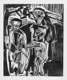 Drei Männer im Gespräch, im Hintergrund Holzfäller by Karl Schmidt-Rottluff, Original-Holzschnitt auf Japan, sold Jun 2005