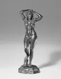 Louis Tuaillon, Stehender weiblicher Akt, Bronzestatuette. Höhe 44,8 cm, auf hellmarmorierten achteckigen Steinsockel