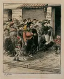 Heinrich Zille, Kartoffelanstehen, Original-Lithographie, aquarelliert, auf imitiertem Japan mit Wasserzeichen "Strathmore"