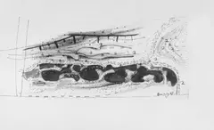 Ohne Titel by Peter Brüning, Farbige Ölkreide, Filzstift und Tuschfeder auf chamoisfarbenem Zeichenpapier mit perforiertem rechten Rand, sold Jun 2005