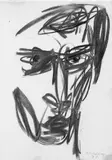 Rainer Fetting, Selbstportrait, Kohle auf elfenbeinfarbenem Zeichenkarton mit perforiertem oberen Rand